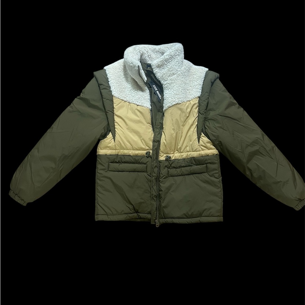 Steve Madden Hana Sherpa Jacket: size small. Olive, mustard, cream. NWT